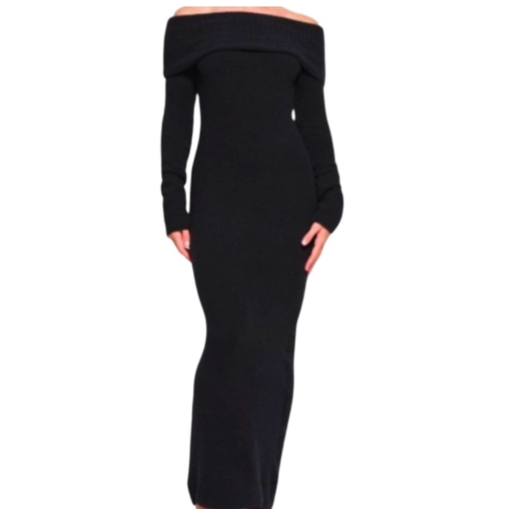 SKIMS Black  Off-Shoulder cozy Bodycon Dress